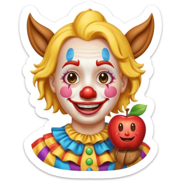 a crying but smiling and showing a peace sign clown face riding a horse, make it native to apple emoji style, the horse and the clown both emoji should match apple's style. sticker