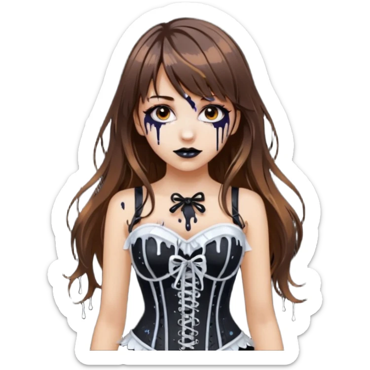 white girl, brown hair, bangs and long hair, dark makeup. Detailed corset top with white paint dripping,  sticker