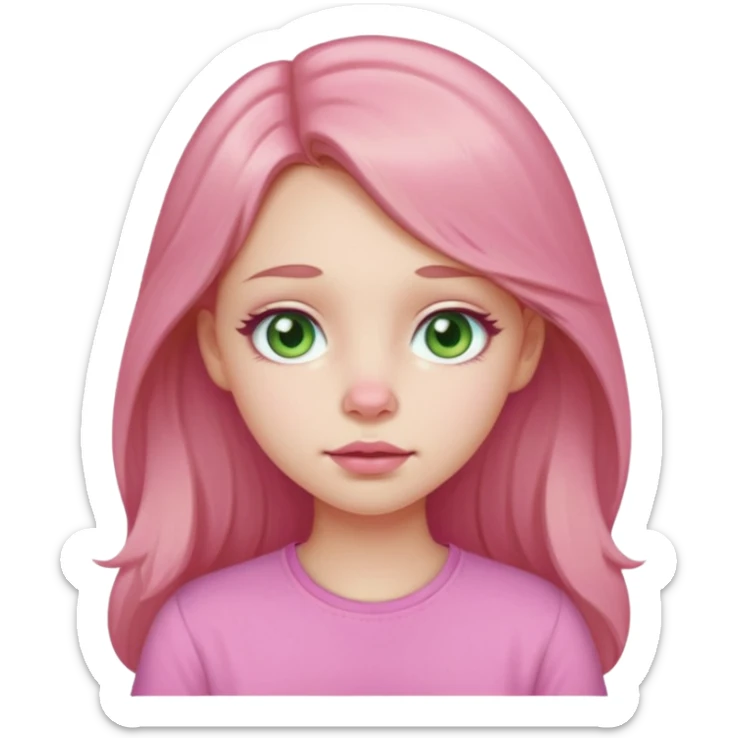 Pale girl, pink nose, cheeks, nose, chin, long light brown hair, Pink full lips, doe eyes, light green eyes wearing cute pink shirt sticker