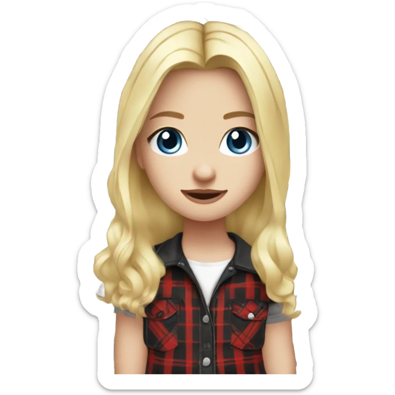 Blonde girl with blue eyes wearing black pants with a red plaid shirt and white platform converse sticker