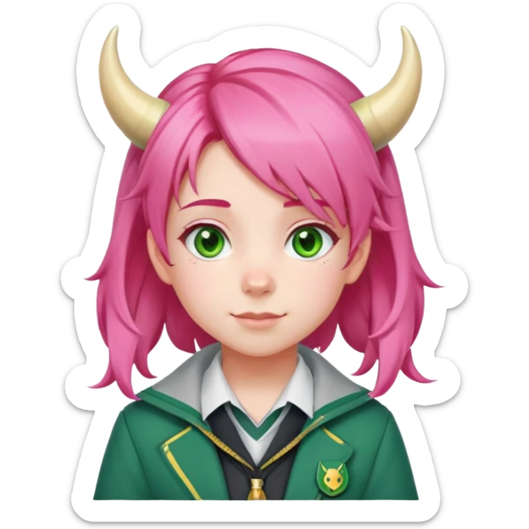 Anya Forger from Spy x Family, cute little girl with pink hair styled with two horn-like tufts, green eyes, cheerful expression, wearing Eden Academy school uniform with red jacket sticker