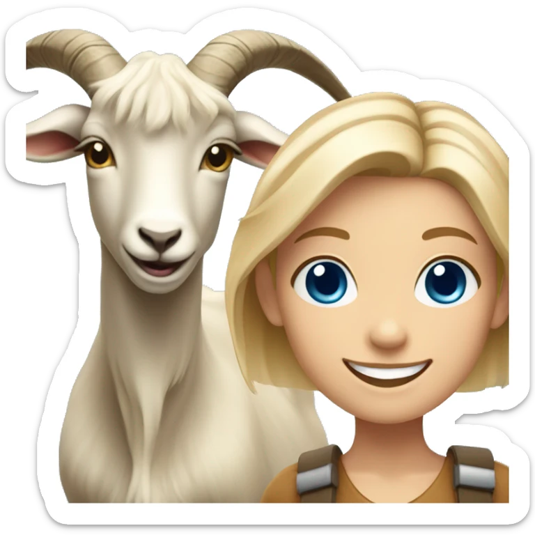 smiling girl with blonde hair blue eyes holding Billy goat sticker