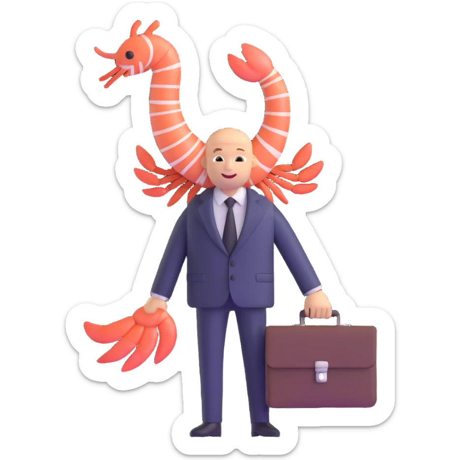 shrimp wearing business suit with briefcase, businessman shrimp, memoji style sticker