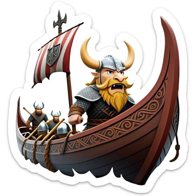 clash-of-clans-aesthetic_-cinematic-viking-longboat, rendered in a flat, bold vector style with minimal shading, featuring a striking dragon-headed prow slicing through icy, churning waters. shields on the side and vikings rowing The longboat’s intricately detailed shields and carved motifs evoke a sense of epic adventure and Nordic might, with billowing sails catching a dramatic, stormy sky backdrop. sticker