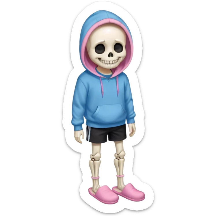 Sans The Skeleton, Blue Hoodie-Sweater, Grin, Pink Slippers, Black Shorts sticker