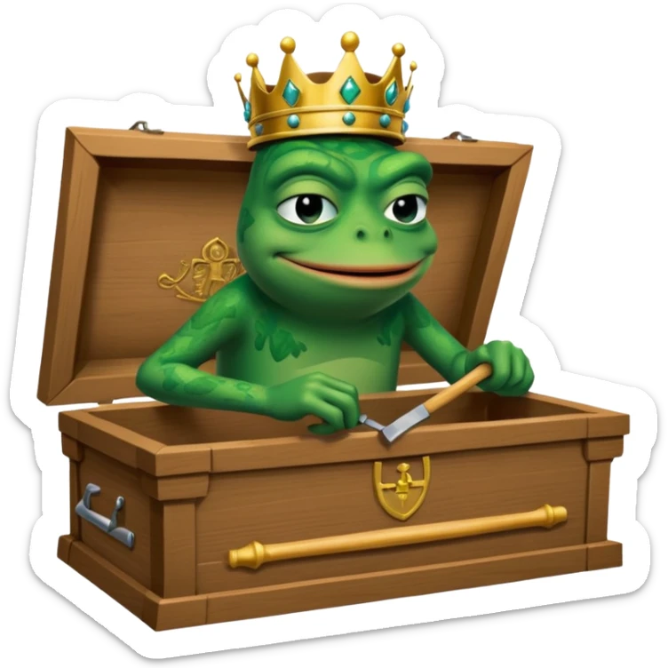 Emoji of an empty wooden coffin with its lid on top, the word ‘ECHO’ carved into the side panel. The coffin is shown from the outside. A king-like Pepe the Frog, standing outside the coffin, is hammering nails into the lid to seal it shut. No character is inside the coffin. Not a treasure chest. sticker