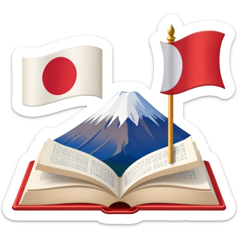 An icon featuring Mount Fuji and the flag of Japan, symbolizing the Japanese language. The design includes an open book with Japanese text, representing language learning and cultural heritage. Transparent background . sticker