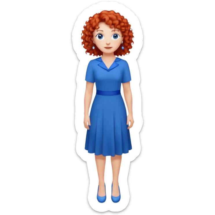 una profesora mayor simpática con el pelo rojo rizado, ojos azules, vestido azul y pendientes azules hablando altura completa sticker