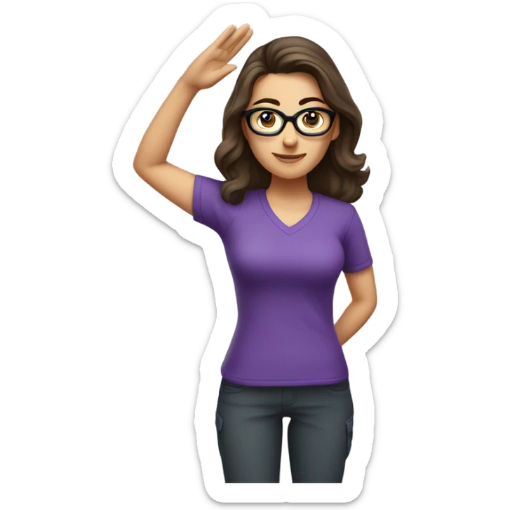 a caucasian brunette female, wearing a purple t-shirt and glasses, making the military salute gesture sticker