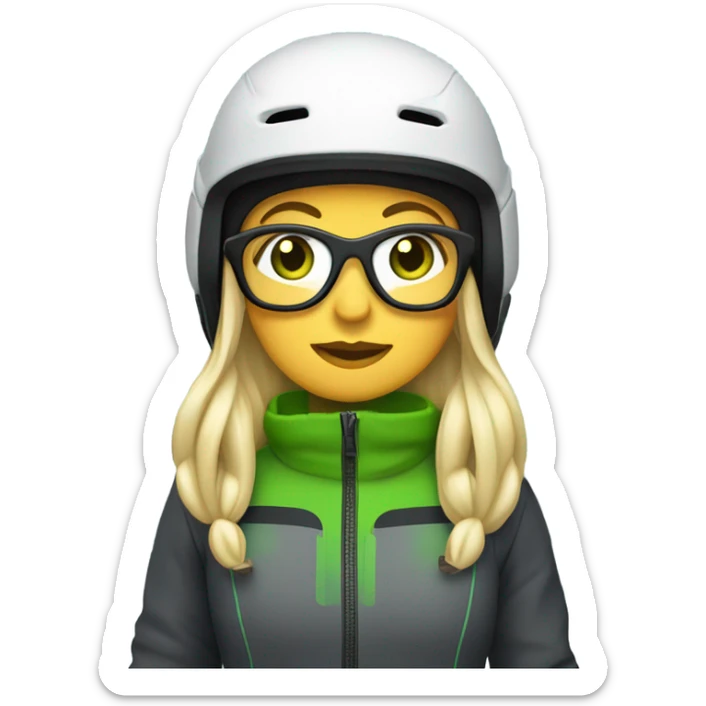 Green-eyed, fat female skier with long straight blonde hair, glasses, white ski helmet, grey snow jacket, long black pants, black only snow boots standing tall. sticker