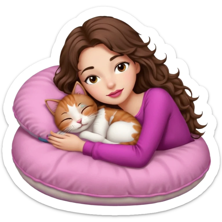 girl with long wavy brown hair, brown eyes, long lashes makeup, sexy pink lips, sleeping on a cozy pillow with 6 cats sticker