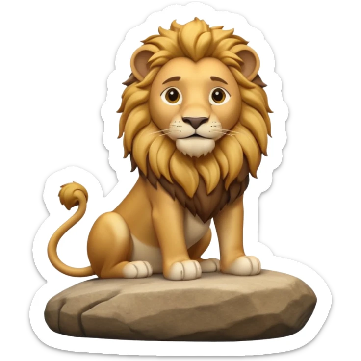 A 3D cartoon lion with a golden mane, sitting proudly on a rock, calm smile, smooth fur, bright warm sunlight, friendly but majestic look, Memoji-style. sticker