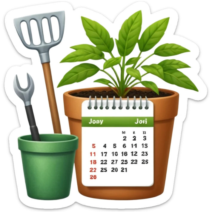 calendar icon with garden tools near and plant. Transparent background sticker