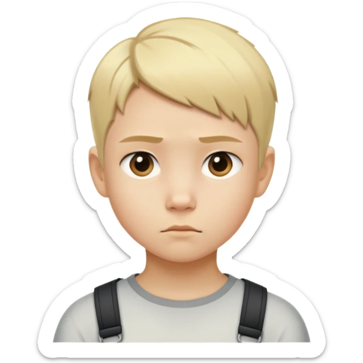 "- Nam
- 10 tuổi
- Da trắng
- Tóc ngắn, vàng, vuốt undercut gọn gàng
- mặt nghiêm túc
" sticker