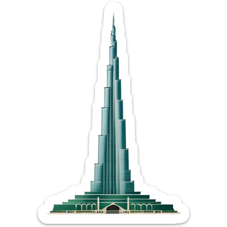 Burj Khalifa, white silhouette with dark green accents, emoji style sticker
