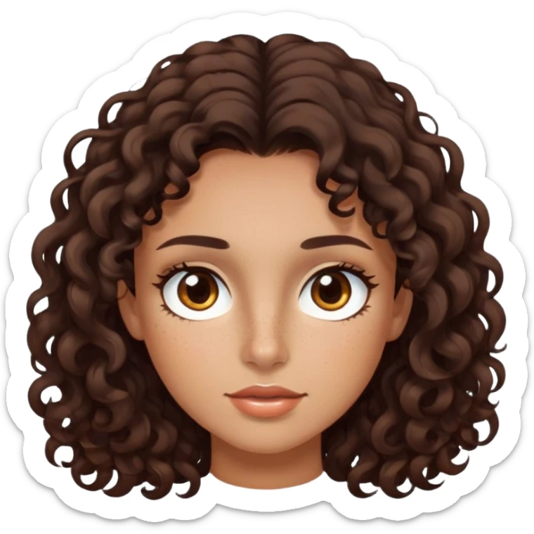 Dark brown hair, brown eyes, light freckles, tanned skin, long eyelashes, small lips, and medium-length curly hair. sticker