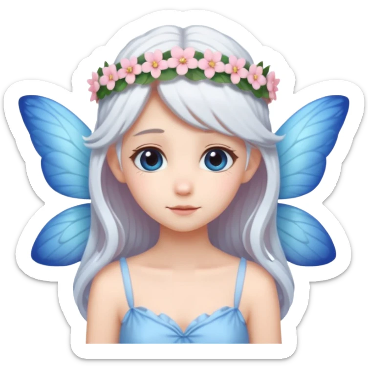 A shy white hair fairy with soft blue wings with flower smallcrown sticker