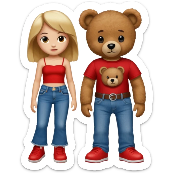 A boy and a girl teddy bear for the boy bear put on true religion shirt and jeans with black shoes and for the girl put flare jeans and a red tube top and white shoes just bears not the humans  sticker