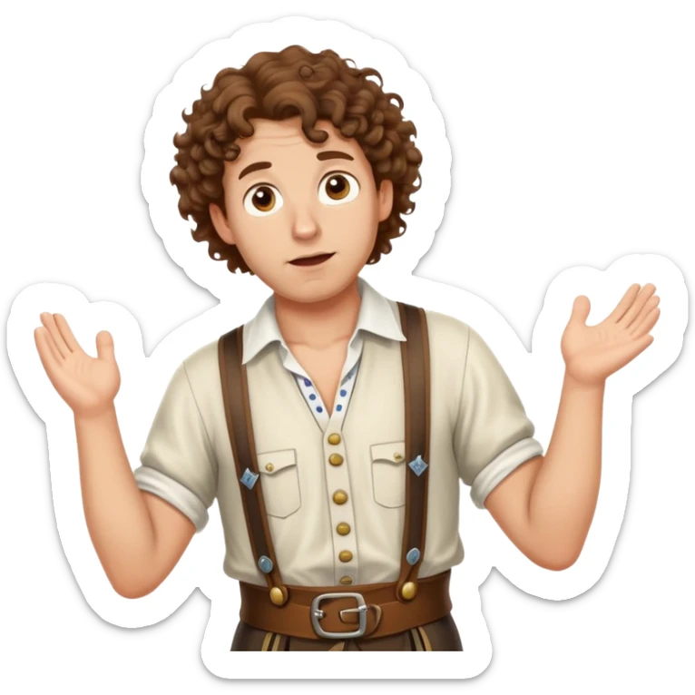 German person with brown curly hair in typical Bavarian clothing (lederhosen) shrugging and looking lost sticker
