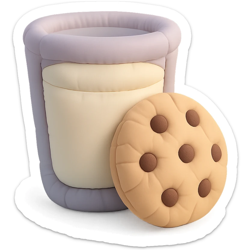 a soft and plush cushion style illustration of a glass of milk and a chocolate chip cookie, pastel colors sticker