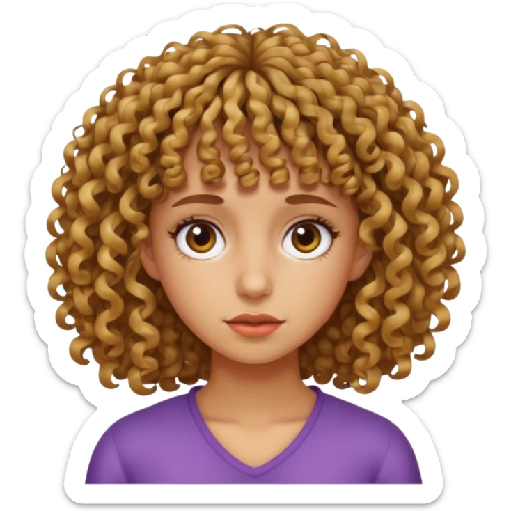 Fais un emoji d une fille avec les cheveux bouclés et une frange bouclés tordu mal faite la fille doit etre un peu mate de peau sticker