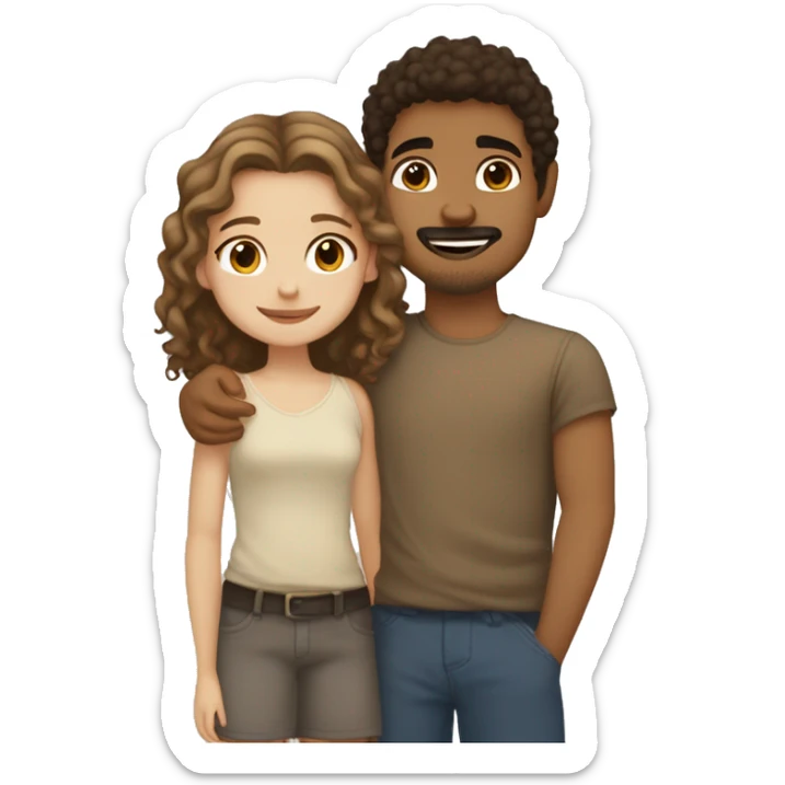 girl with fair skin, hazel eyes and straight hair hugging a boy with tan skin, medium curly hair that is light brown and a tiny mustache and goatee and dark brown eyes sticker