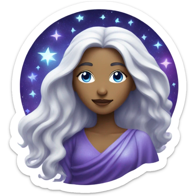 white mystical woman with sparkling galaxy hair with moon and stars in purple and blue shades sticker