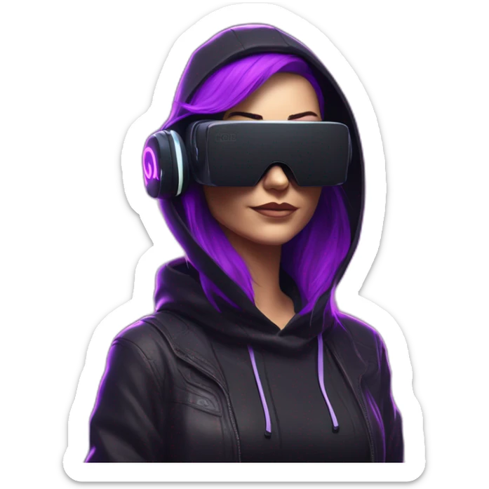 Cathie Wood wearing a black hoodie with "OMG" letters on it and VR headset in a cyberpunk VR environment with violet neon lighting. sticker