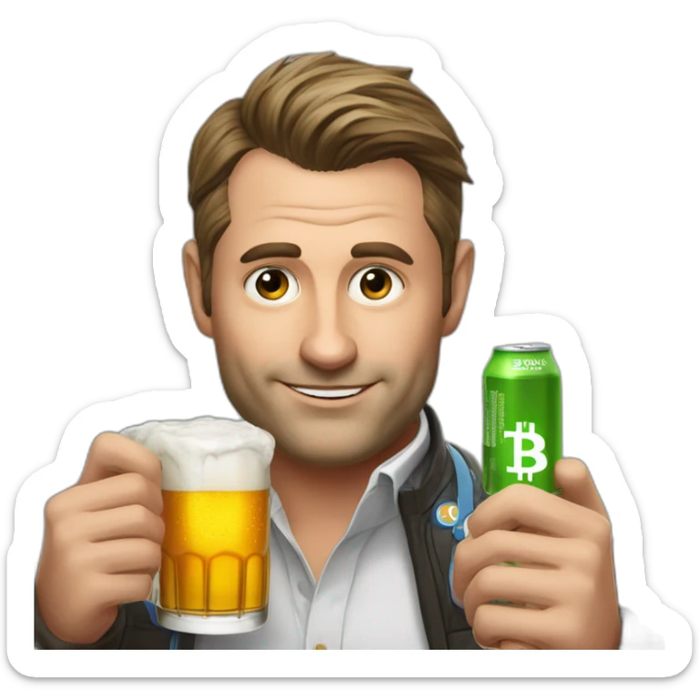 Ceo of coinhouse Nicolas louvet drinks a beer with bitcoin around him sticker