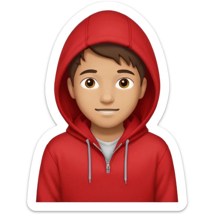 make me an emoji of an americain 19 yearold boy in a red hoodie that says "south" on it and give him with tan skin with his hands in his hands in his pocket wth a small smile with his hood on sticker