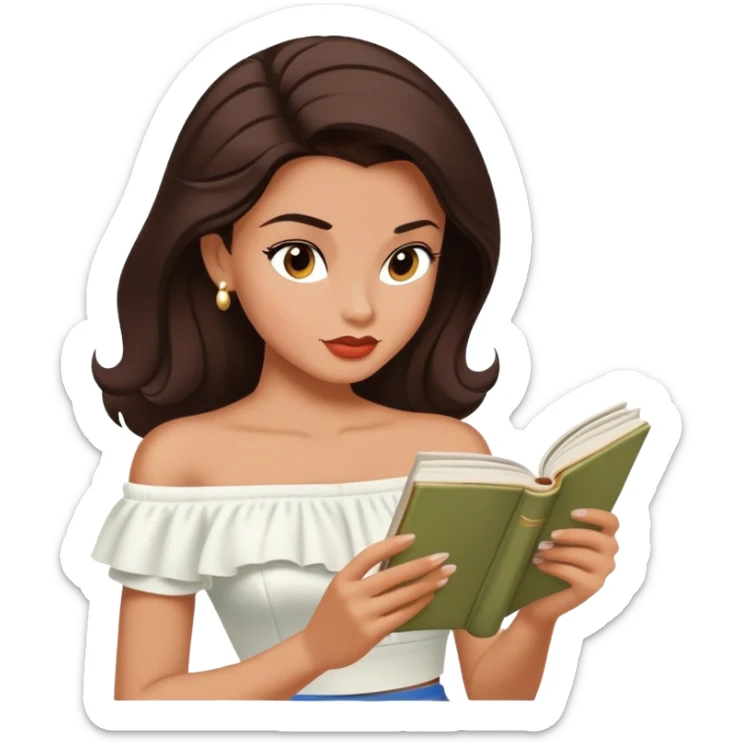 Beautiful woman in 1950’s woman fashion look, off-shoulder white shirts crop top, long dark brown hair, reading sticker