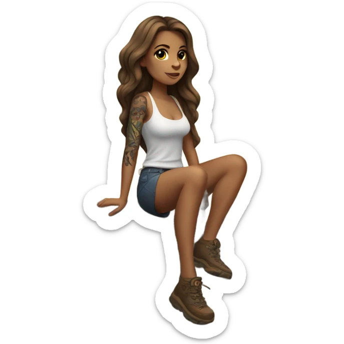 Beautiful tattooed woman long brown hair climbing rocks sticker