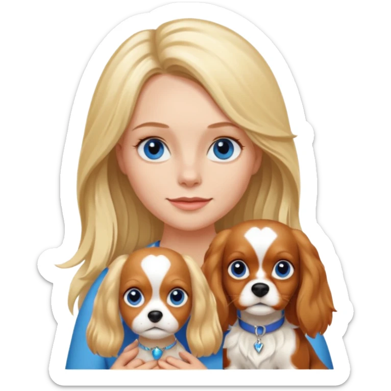 Blond Mom with a little blue eyed girl. The girl has long blonde hair. And there is one dog. The dog  is a tricolora king cavalier charles spaniel  sticker