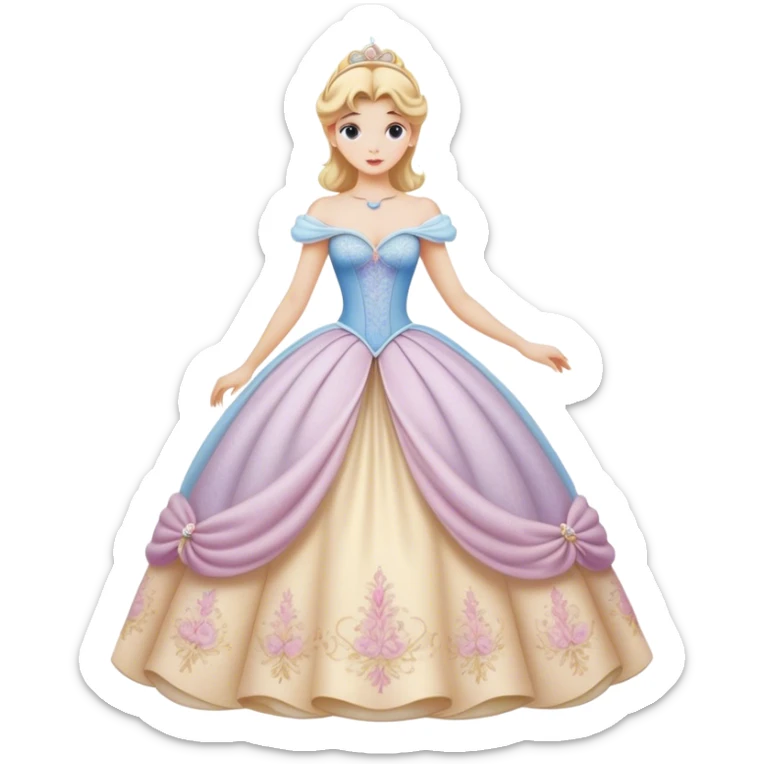 Cinematic Realistic Cinderella Portrait, depicted with lifelike porcelain skin, elegantly styled blonde hair, and a serene, graceful expression. Dressed in her classic ball gown with intricately detailed fabric textures and delicate pastel hues that catch soft, natural lighting, this portrait captures the timeless beauty of a fairy tale princess. sticker