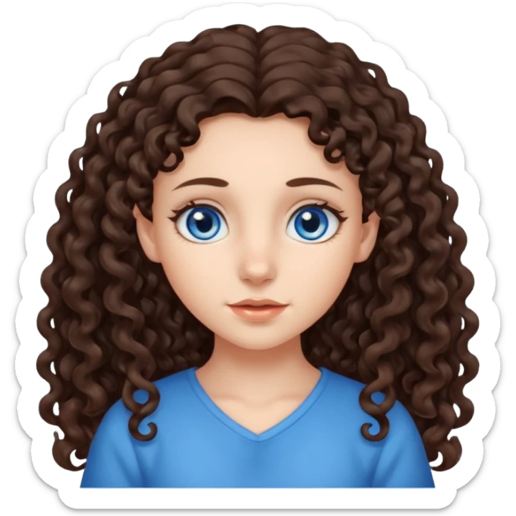 a girl with long dark brown curly hair that starts at the level of her ears, and blue eyes sticker
