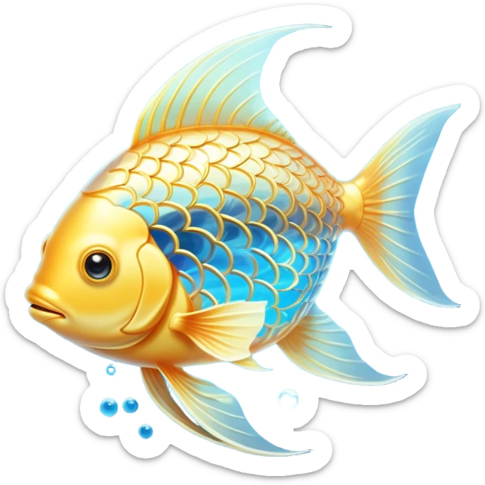 Ethereal golden fish in the shape of an omega symbol, radiating gentle waves of energy that flow toward a glowing brain and heart. The fish appears translucent and luminous, with scales that shimmer with healing properties, all suspended in a dreamy blue atmosphere. sticker