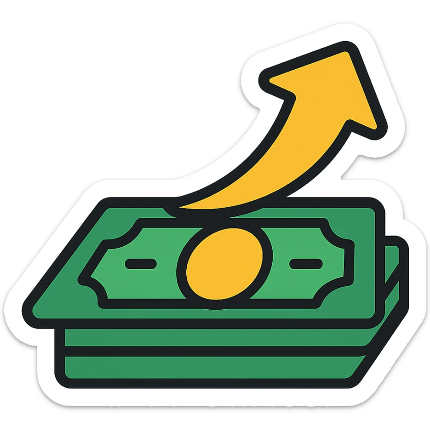 golden arrow with a stack of green cash, bold and colorful, icon style sticker