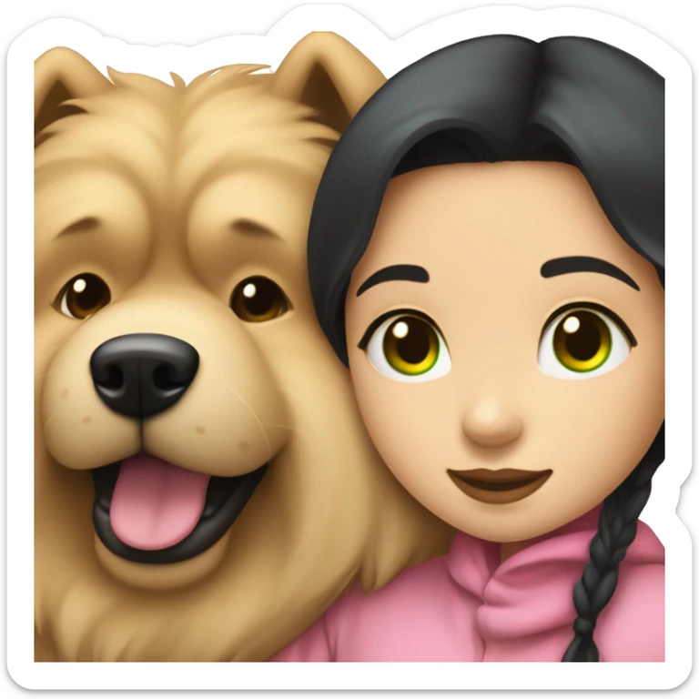 girl with very long black hair and green eyes and pink outfit hugging a beige fluffy cute chow chow dog sticker