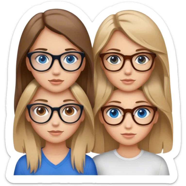 a girl with dirty blonde hair and blue eyes, next to a girl with brunette hair and brown eyes with brown glasses on a white background  sticker