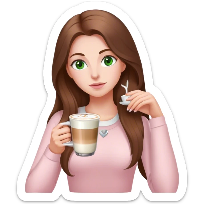 pretty woman with very long brown hair and green eyes and light pink outfit drinking a latte sticker
