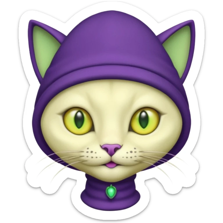 dark purple alien cat with no fur and yellow hat and green eyes sticker