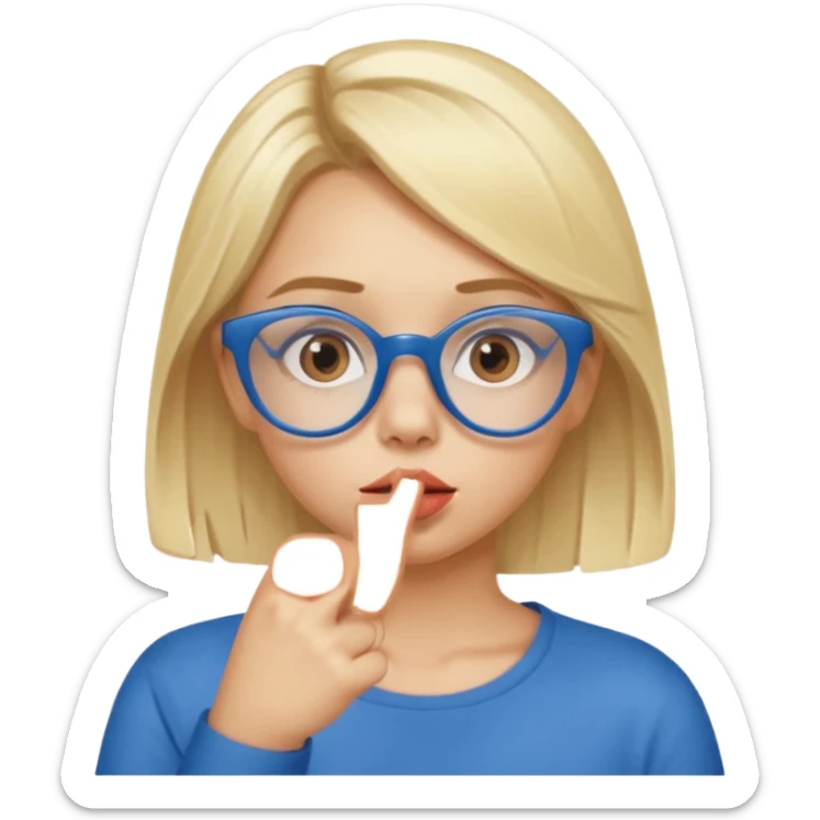 Blonde girl with brown eyes,  blue glasses saying shhhh with her finger to her lips sticker