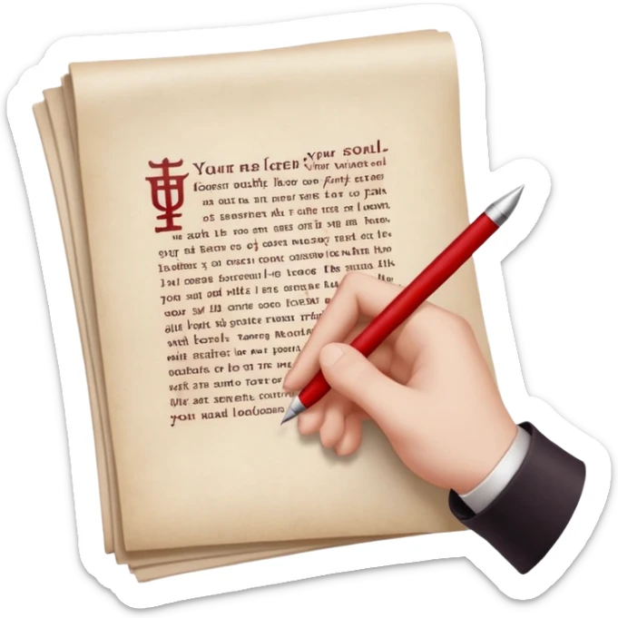 Minimalist emoji-style sticker of a pale hand signing a parchment contract titled “YOUR SOUL” in gothic font, muted red ink, grayscale background sticker