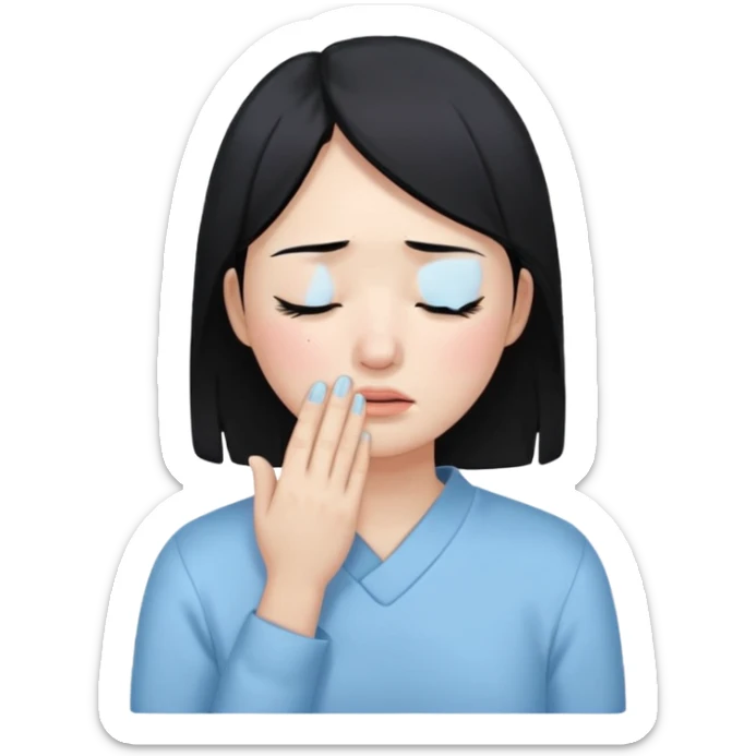 A crying East Asian woman with black hair, wearing light blue clothing. Her skin appears dry, closing her eyes and crying sticker