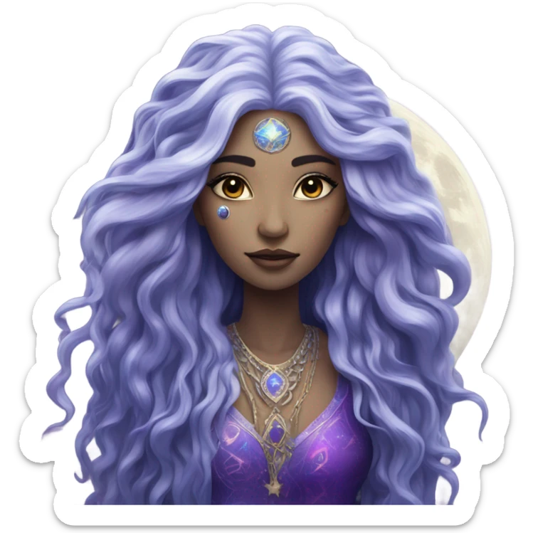 white mystical woman with sparkling galaxy hair with moon and stars in purple and blue shades sticker