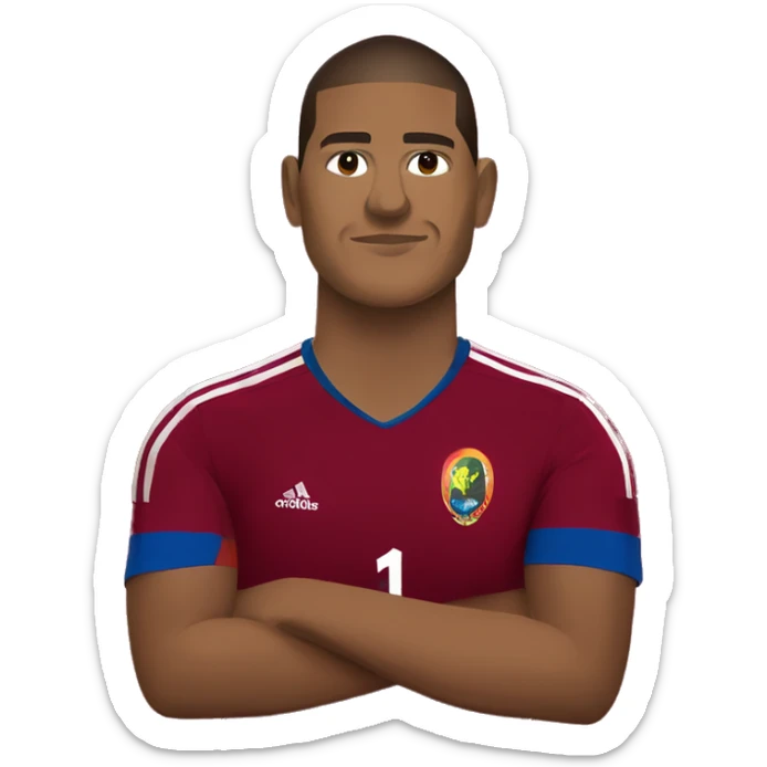 salomon rondon wearing Venezuela red wine adidas t-shirt and holding FIFA world cup sticker