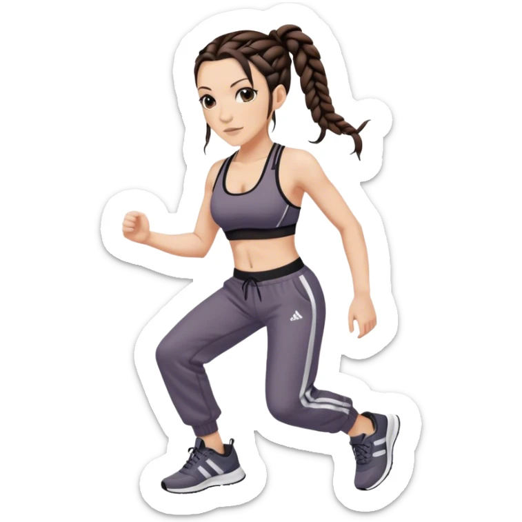 Melanie chisholm with two dark brown french braids, wearing a sports bra and track pants with sneakers sticker