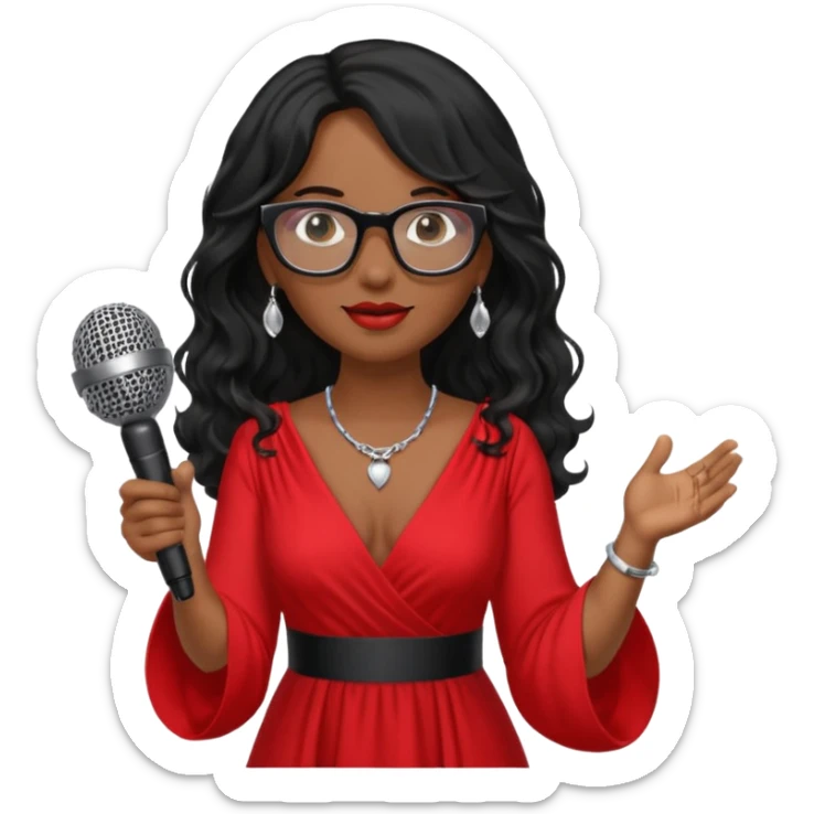 singer, Middle age, long wavy black hair, brown skin, wearing dress, holding mic, glasses sticker