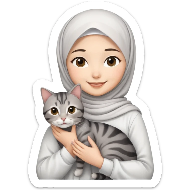 Asian White girl wearing  hijab and white dress holding a black grey tabby cat while smiling.  sticker