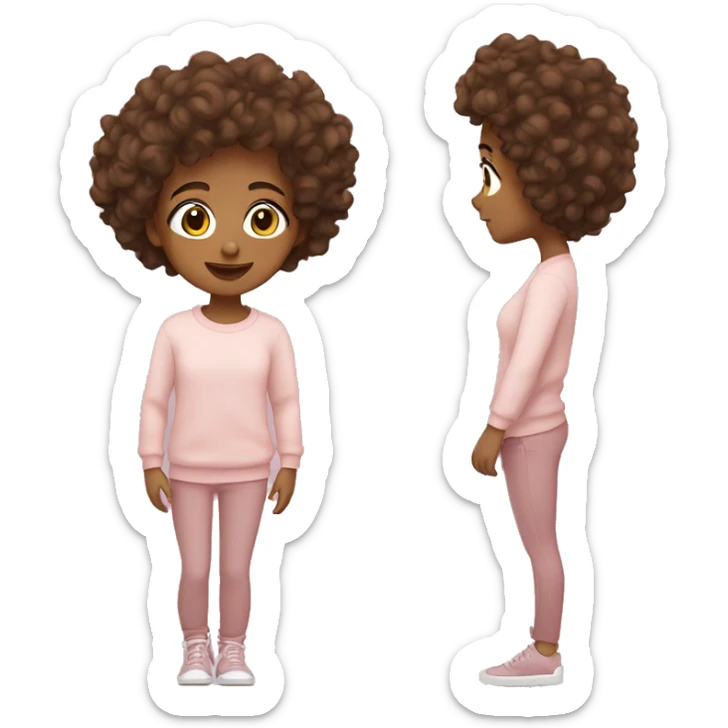 Tan skin girl with curly brown hair, brown eyes with a light pink sweater sticker